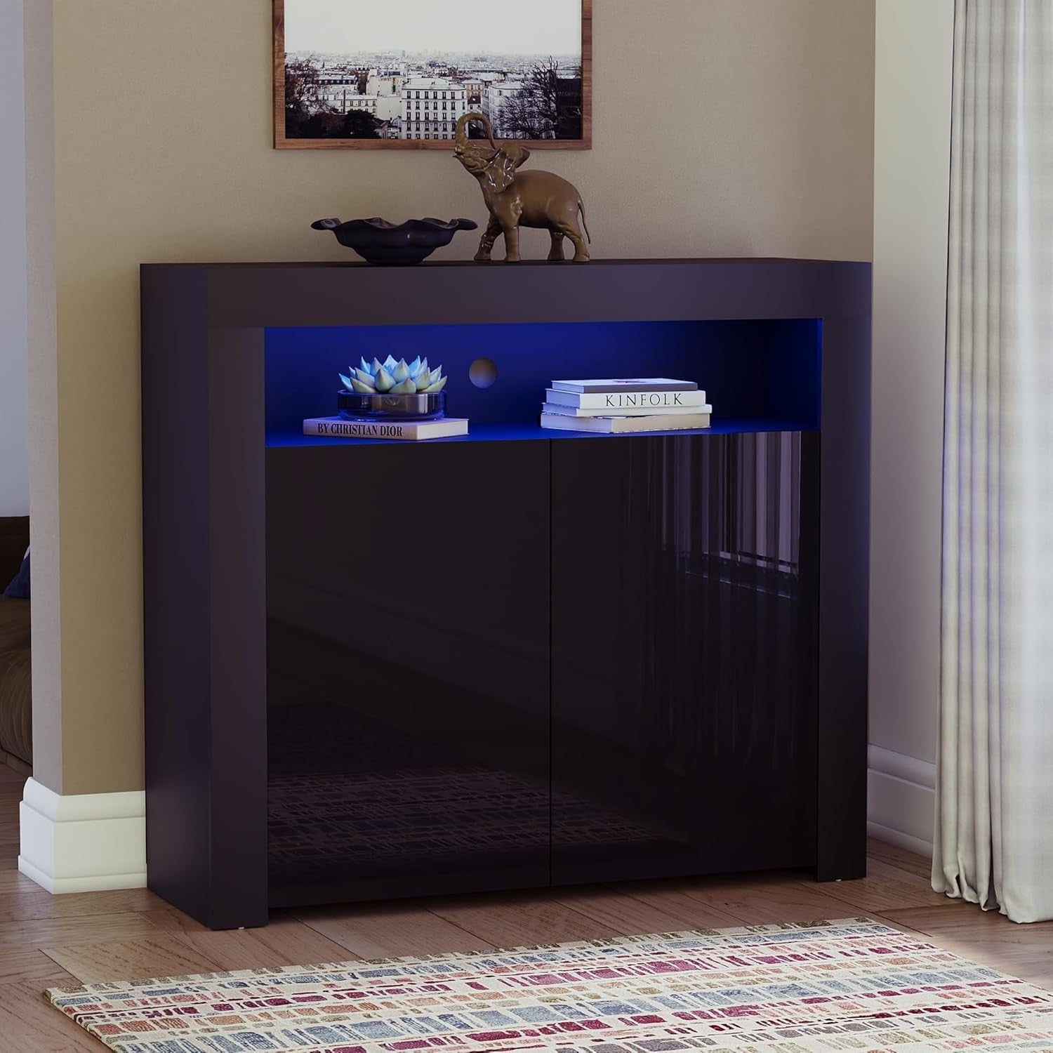 Modern Black LED Sideboard 2 Doors Magnetic Storage Cabinet RGB Lighting