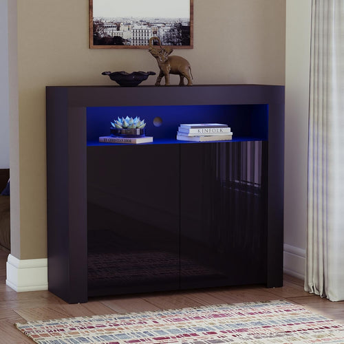 Modern Black LED Sideboard 2 Doors Magnetic Storage Cabinet RGB Lighting