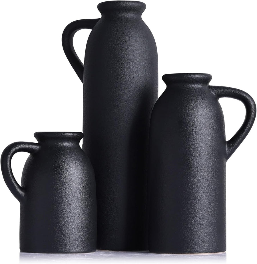 Black Ceramic Vase Set of 3 Matte Jug Vases Farmhouse Table Home Decor