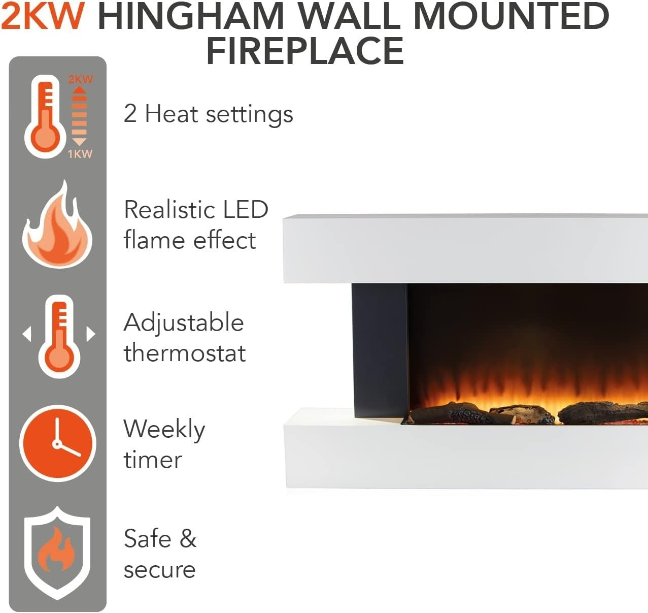 Wall Mounted Electric Fireplace Heater 2000W Flame Effect Remote LED