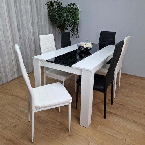 White Gloss Dining Table Set with 6 Faux Leather Chairs Modern Kitchen