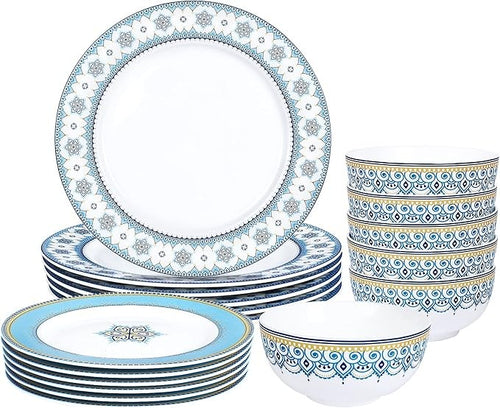 18pc Blue White Porcelain Dinner Set for 6 Plates Bowls Patterned Tableware