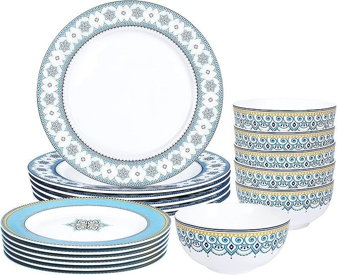 18pc Blue White Porcelain Dinner Set for 6 Plates Bowls Patterned Tableware