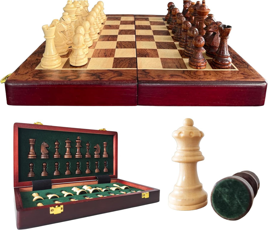12" Magnetic Wooden Chess Set | Folding Travel Chess Board with Storage | Portab