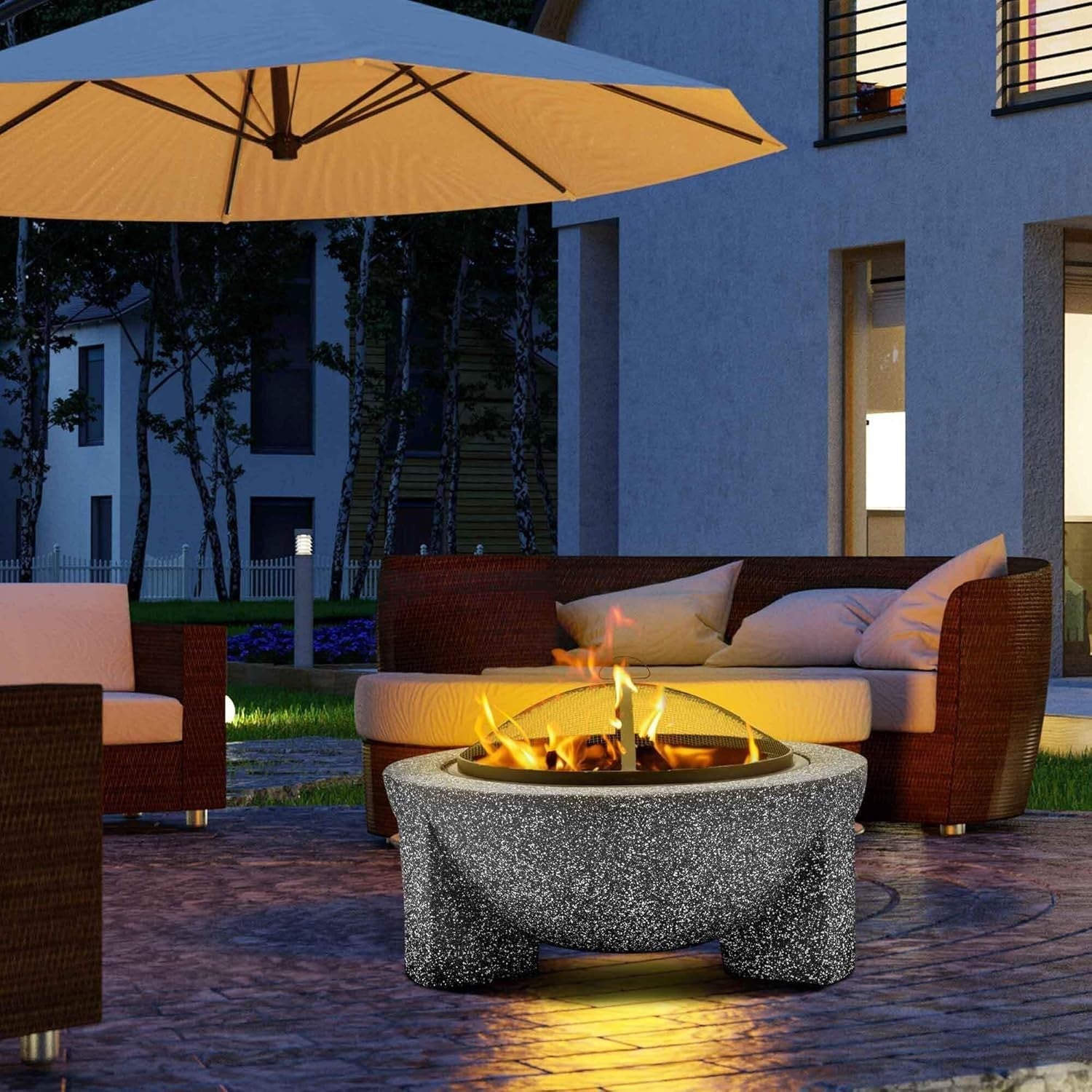 75cm Outdoor Round Fire Pit BBQ Grill with Mesh Safety Lid & Heat-Resistant