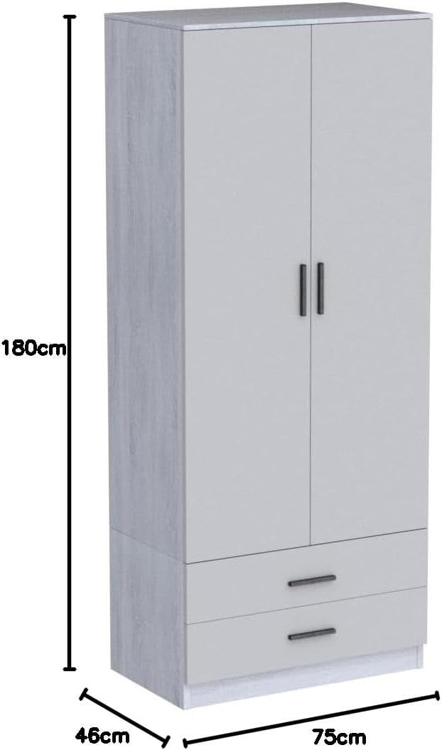 Tall Ash Grey Wooden Wardrobe with 2 Drawers Sturdy Clothes Storage Unit