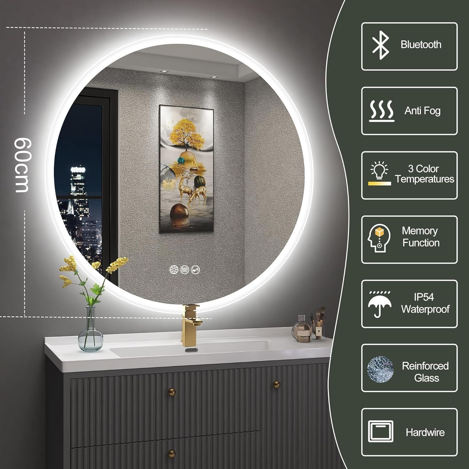 LED Bluetooth Bathroom Mirror 80x80cm with Anti-Fog & Memory Light