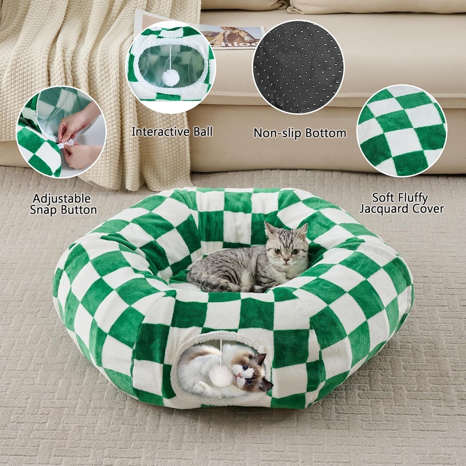 Checkered Cat Donut Tunnel Bed Peekaboo Cave w Cushion & Ball Toy
