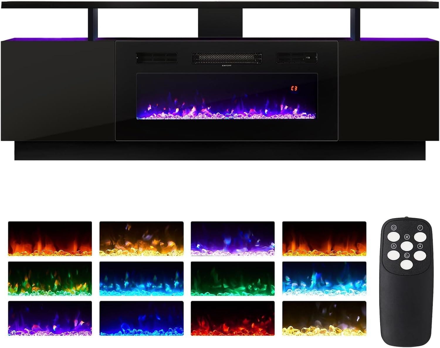 Electric Fireplace TV Stand Media Console 12 Flame Colors 900W/1800W Heater