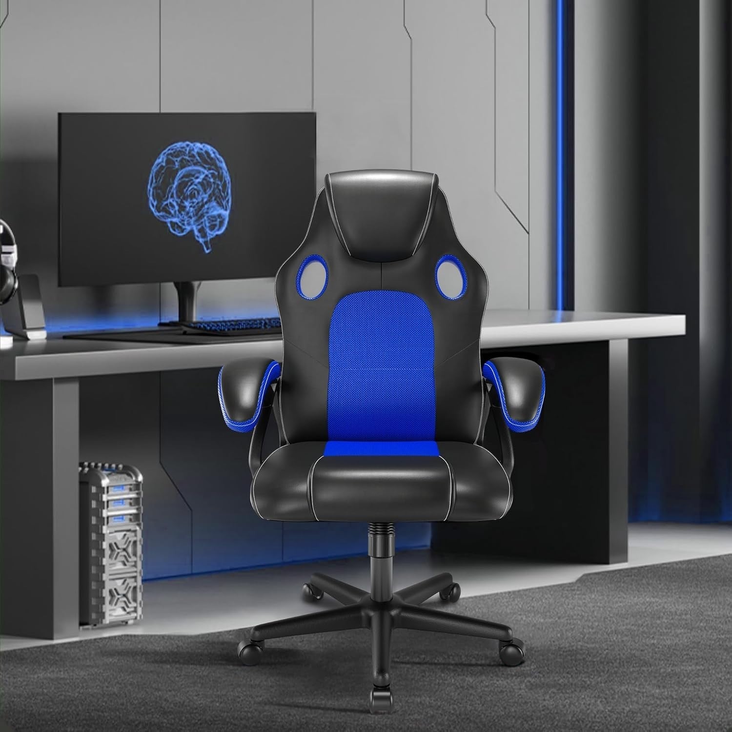 Ergonomic Recliner Office Chair Faux Leather Desk Seat Lumbar Support Blue