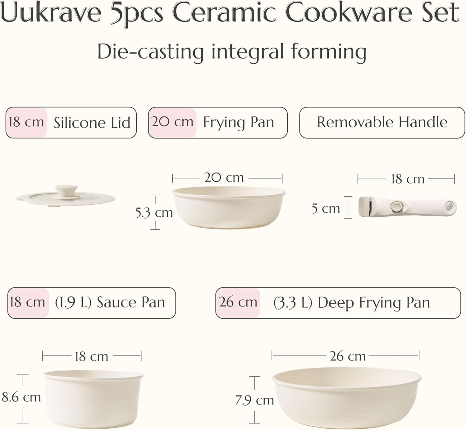 5pcs Cream Ceramic Cookware Set Removable Handle Induction & Oven Safe