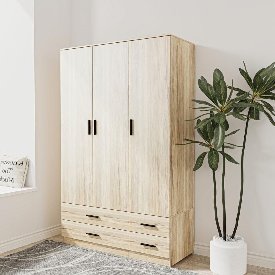 Oak 3 Door Wardrobe 4 Drawer Bedroom Storage Unit Hanging Rail Modern Style