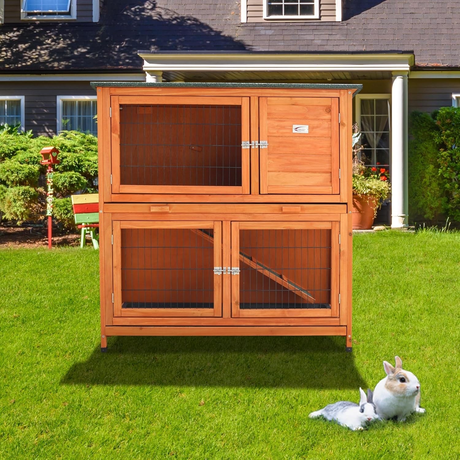 2 Tier Rabbit Hutch with Run Outdoor Wooden Cage Guinea Pig House