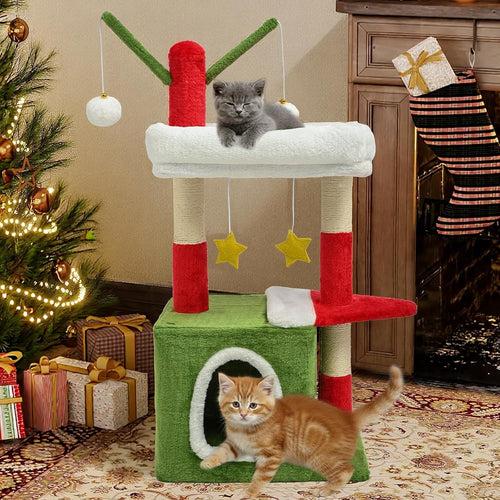 Christmas Cat Tree 81.5cm Festive Scratching Tower with Condo Toys Red Green