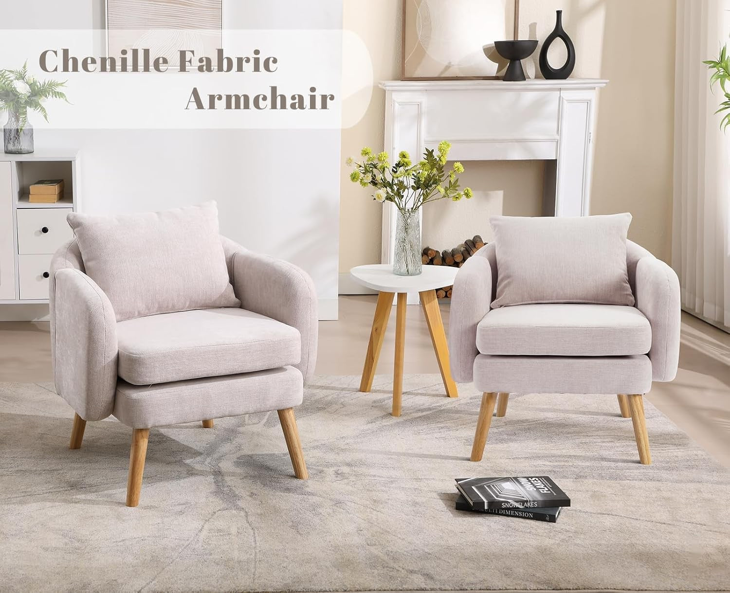 Grey Chenille Accent Armchair Upholstered Lounge Chair Wood Legs
