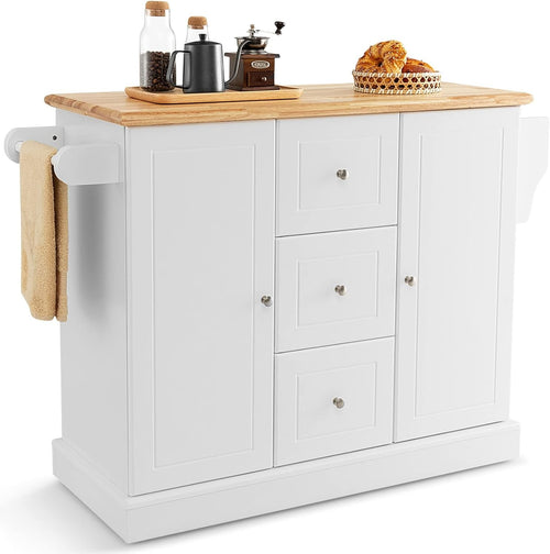 Large Kitchen Island on Wheels Storage Trolley Cabinet Drawers Solid Wood Top