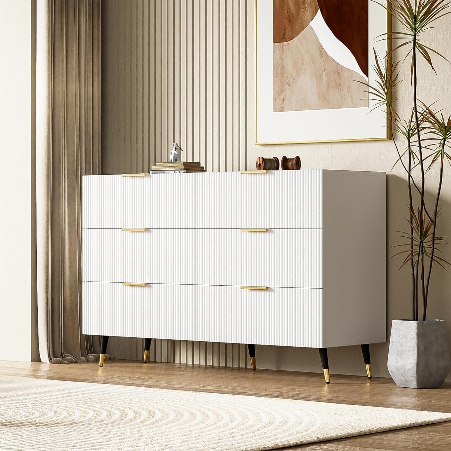 Modern White Sideboard Cabinet 6 Drawers Gold Legs Storage 120x40x77cm