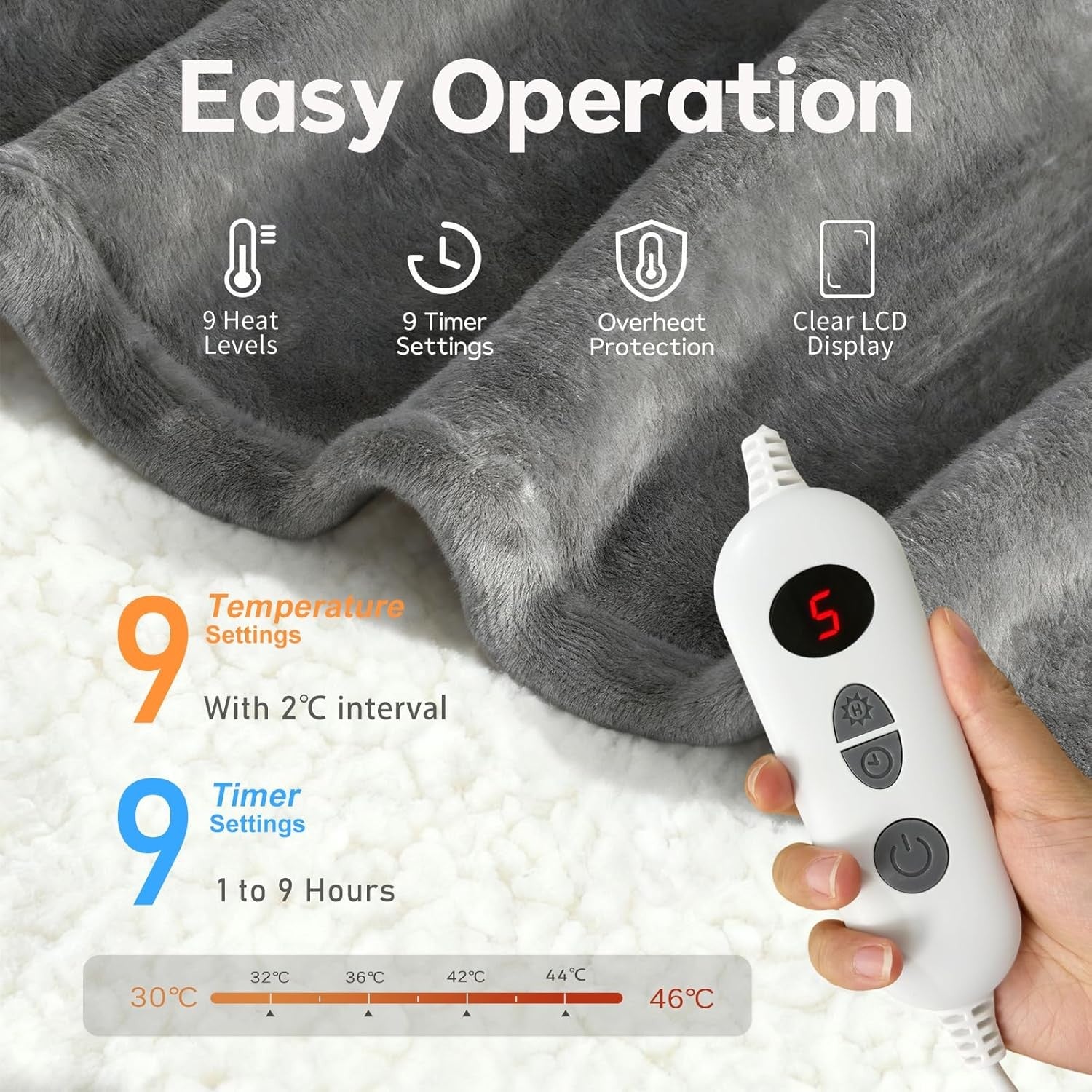 Electric Heated Throw Blanket Double 200x150cm 9 Heat Auto Shut Off Soft