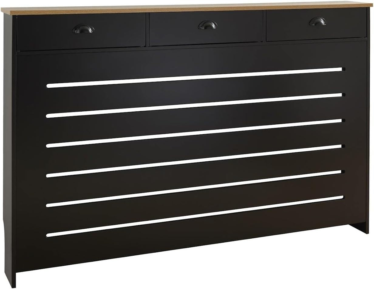 Black Radiator Cover 150x19x96cm Modern MDF Heating Cabinet | 3 Drawer Slatted