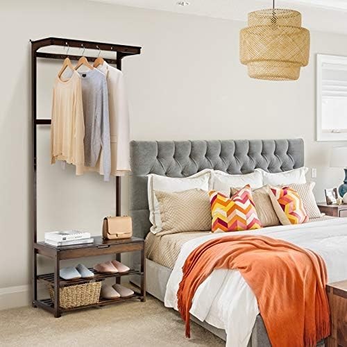 3-in-1 Bamboo Coat Rack Stand with Shoe Storage & Hooks for Entryway
