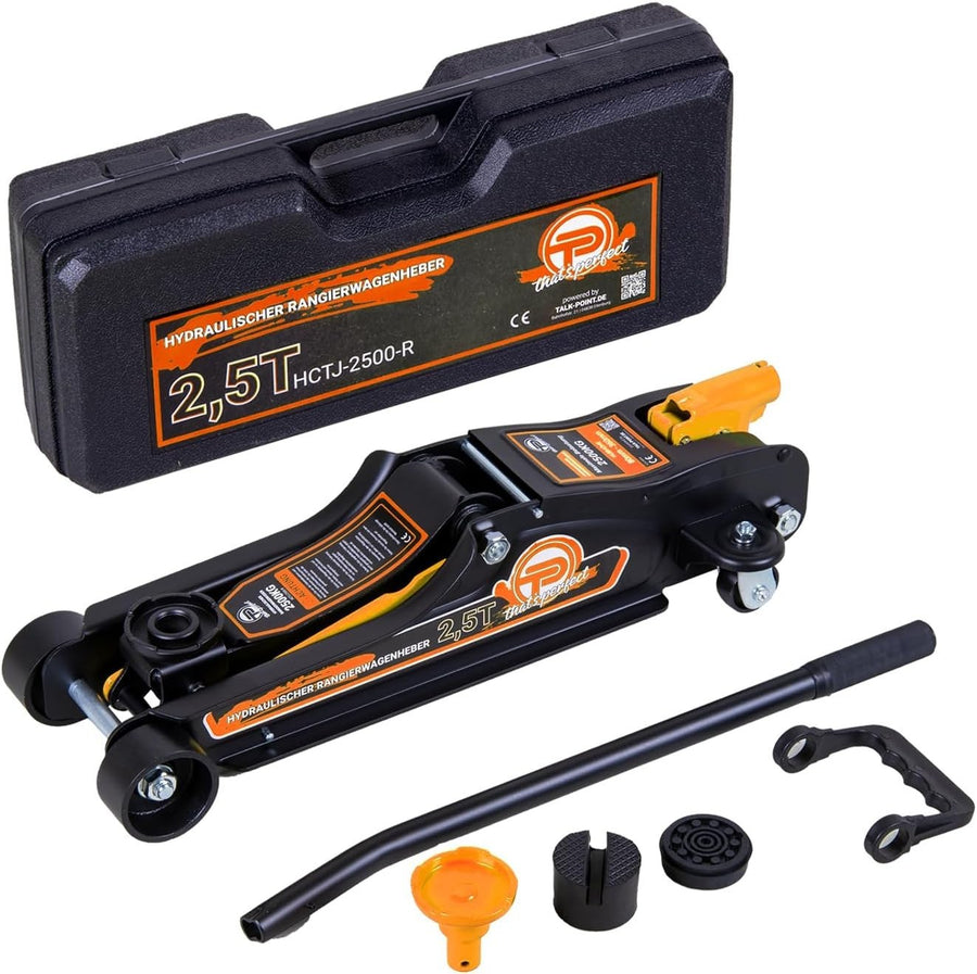 2.5 Ton Low Profile Trolley Jack 80–360mm w/ Case, SUV Adapter & Rubber Pads