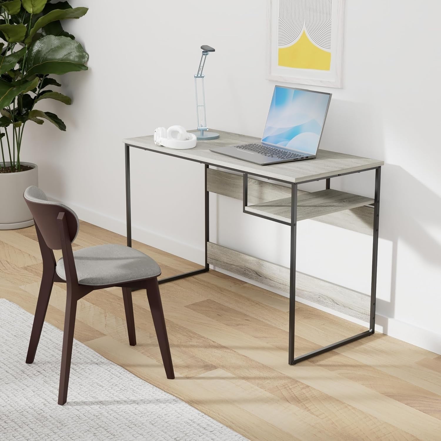 Rustic Oak Grey Study Desk with Shelf 114x51x75cm Home Office Computer Table