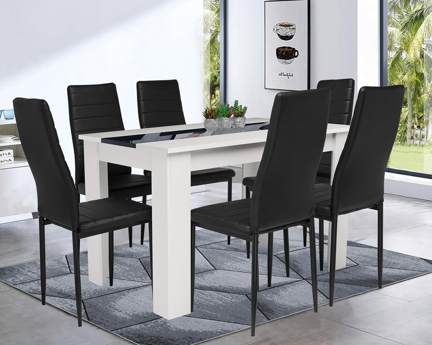 Modern Dining Table Set 6 PU Leather Chairs White Black 140cm x 80cm