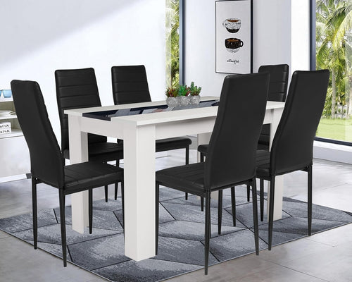 Modern Dining Table Set 6 PU Leather Chairs White Black 140cm x 80cm