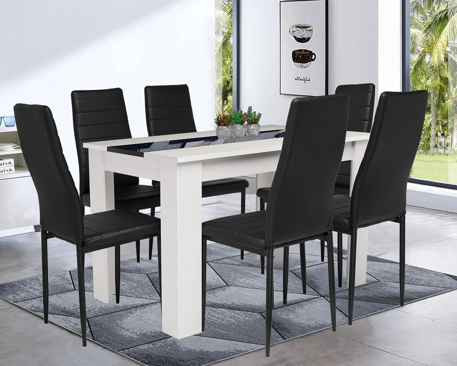 Modern Dining Table Set 6 PU Leather Chairs White Black 140cm x 80cm
