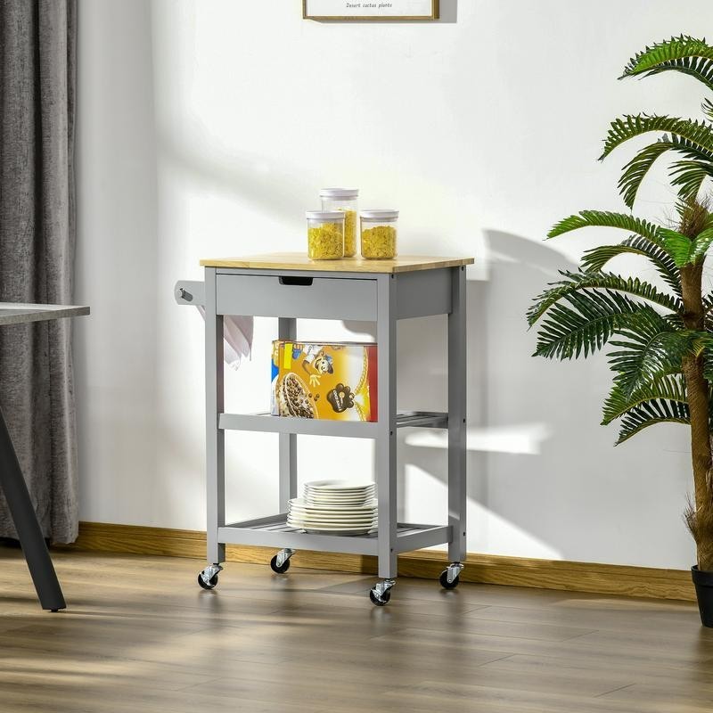 Grey Kitchen Trolley Cart with Drawer Shelves Wheels & Wood Worktop