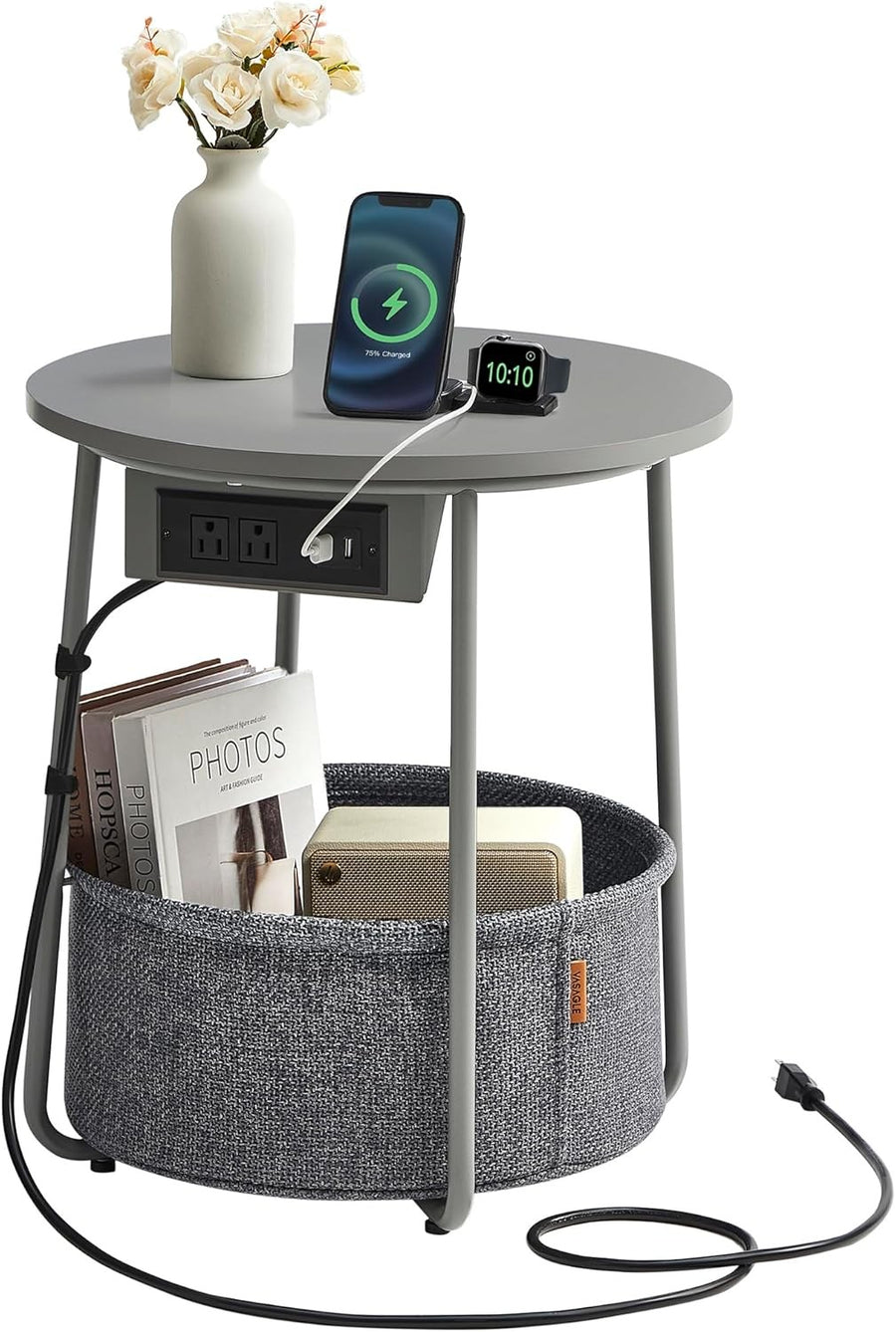 Grey Round Bedside Table with Charging Station & Fabric Basket Storage