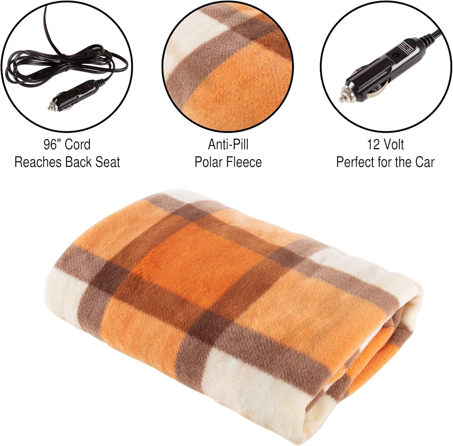 12V Heated Car Blanket Travel Fleece Throw Emergency Orange Plaid