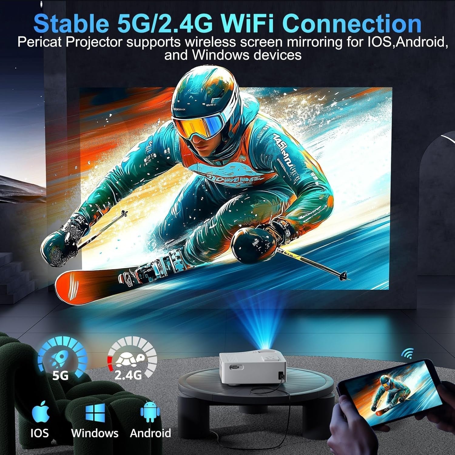 1080P WiFi 5G Bluetooth Projector 380 ANSI 200" 4K Outdoor