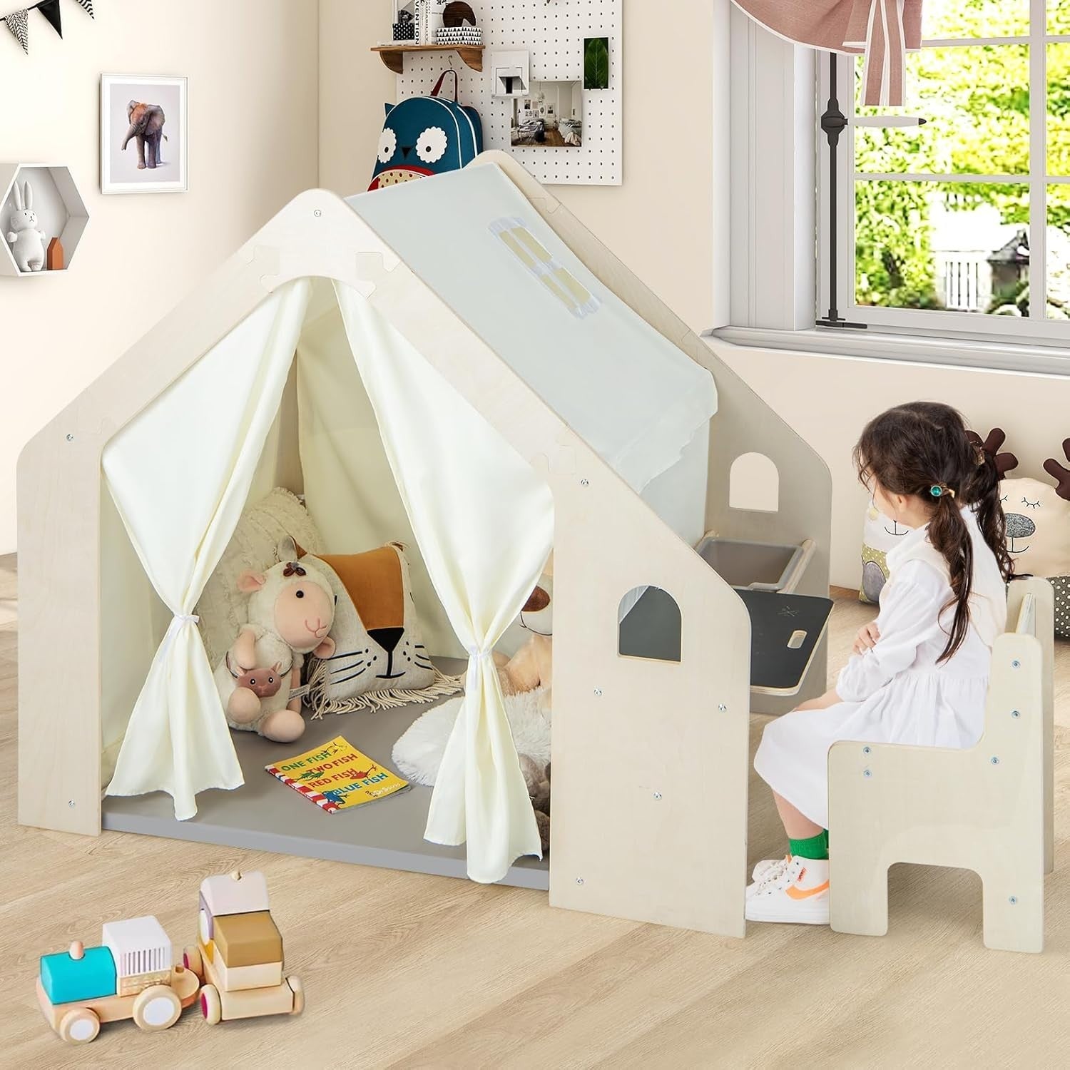 6 in 1 Wooden Kids Playhouse Tent w Desk Chair Blackboard Storage