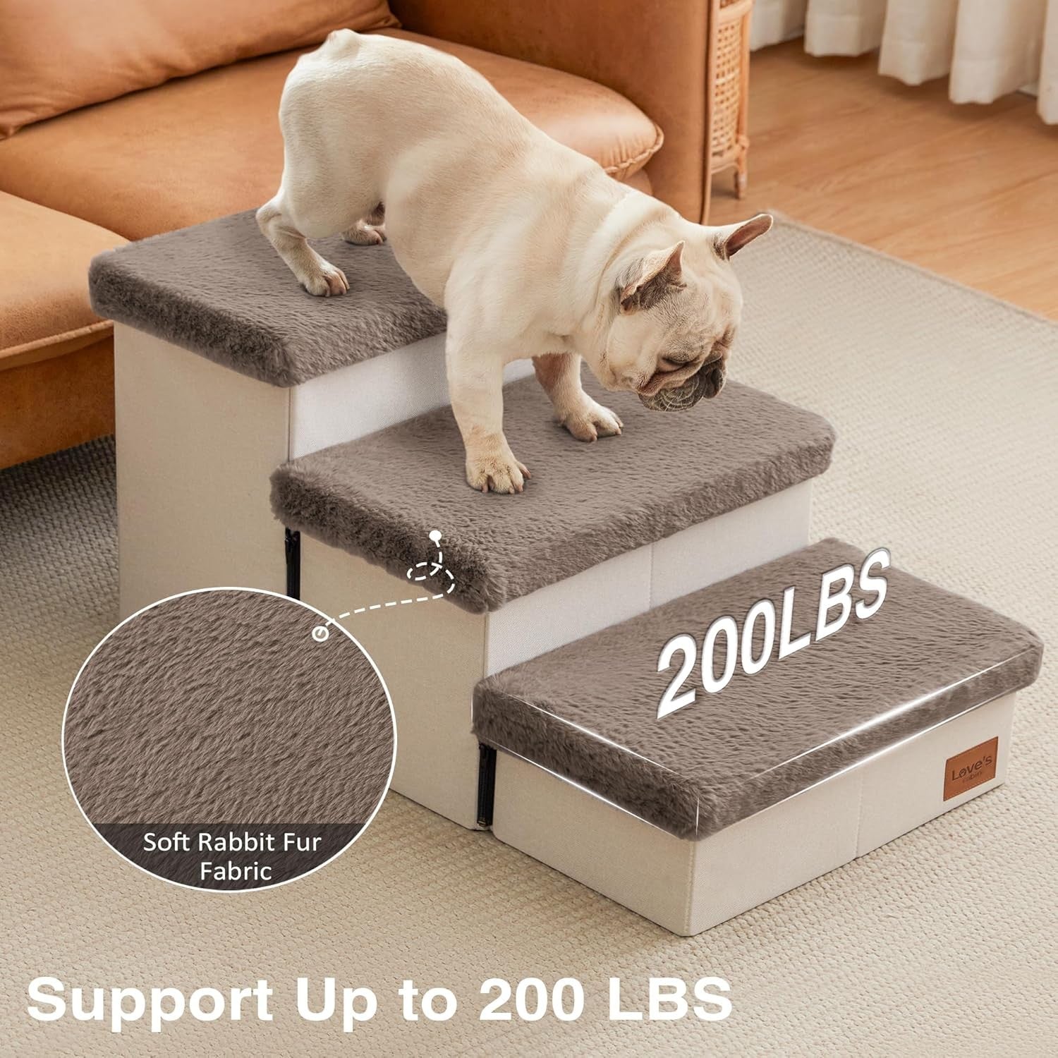 Dog Stairs 3 Step 18" High with Storage Furry Lid Pet Steps Brown