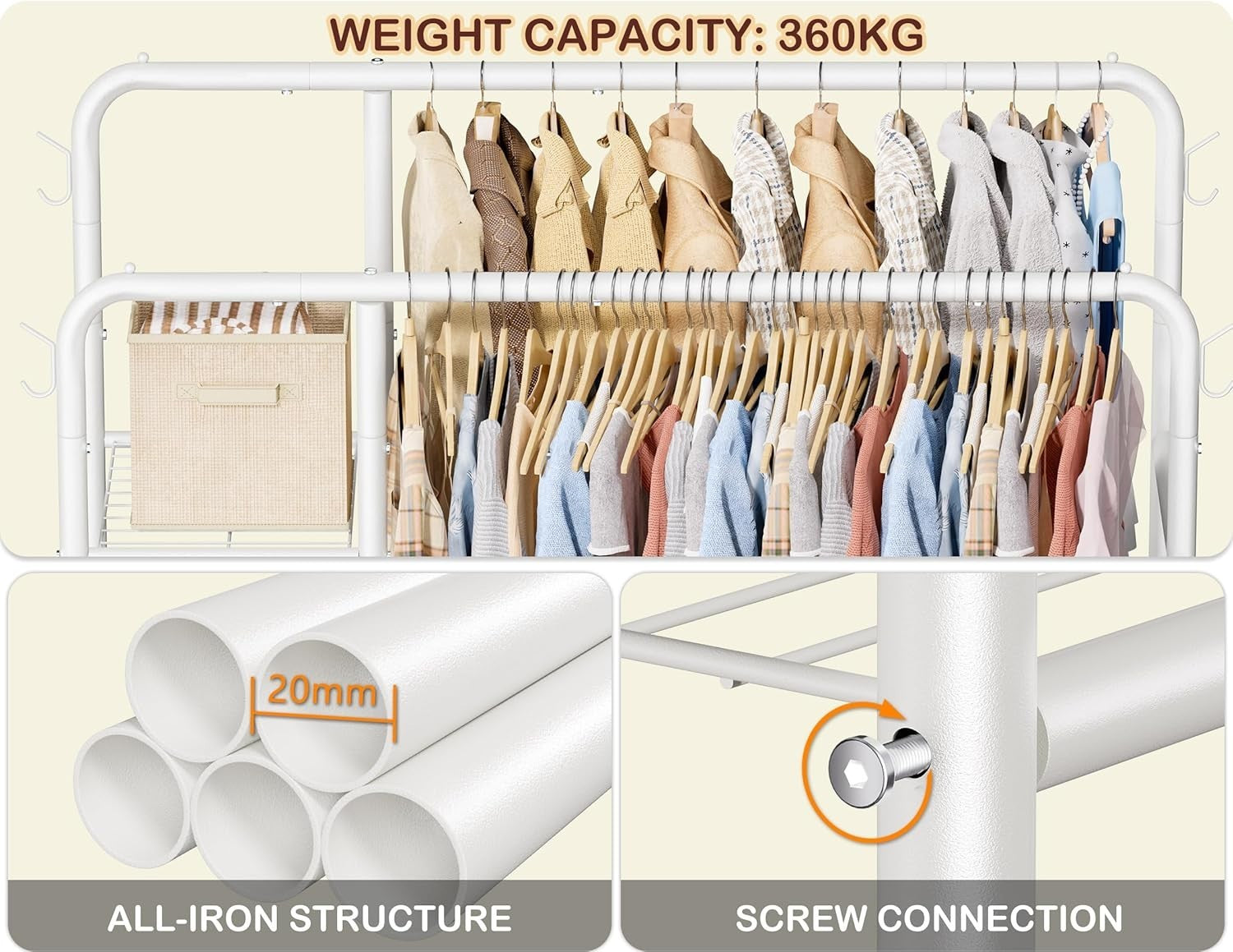 Double Clothes Rail 80KG Rack With Shelves & Hooks White