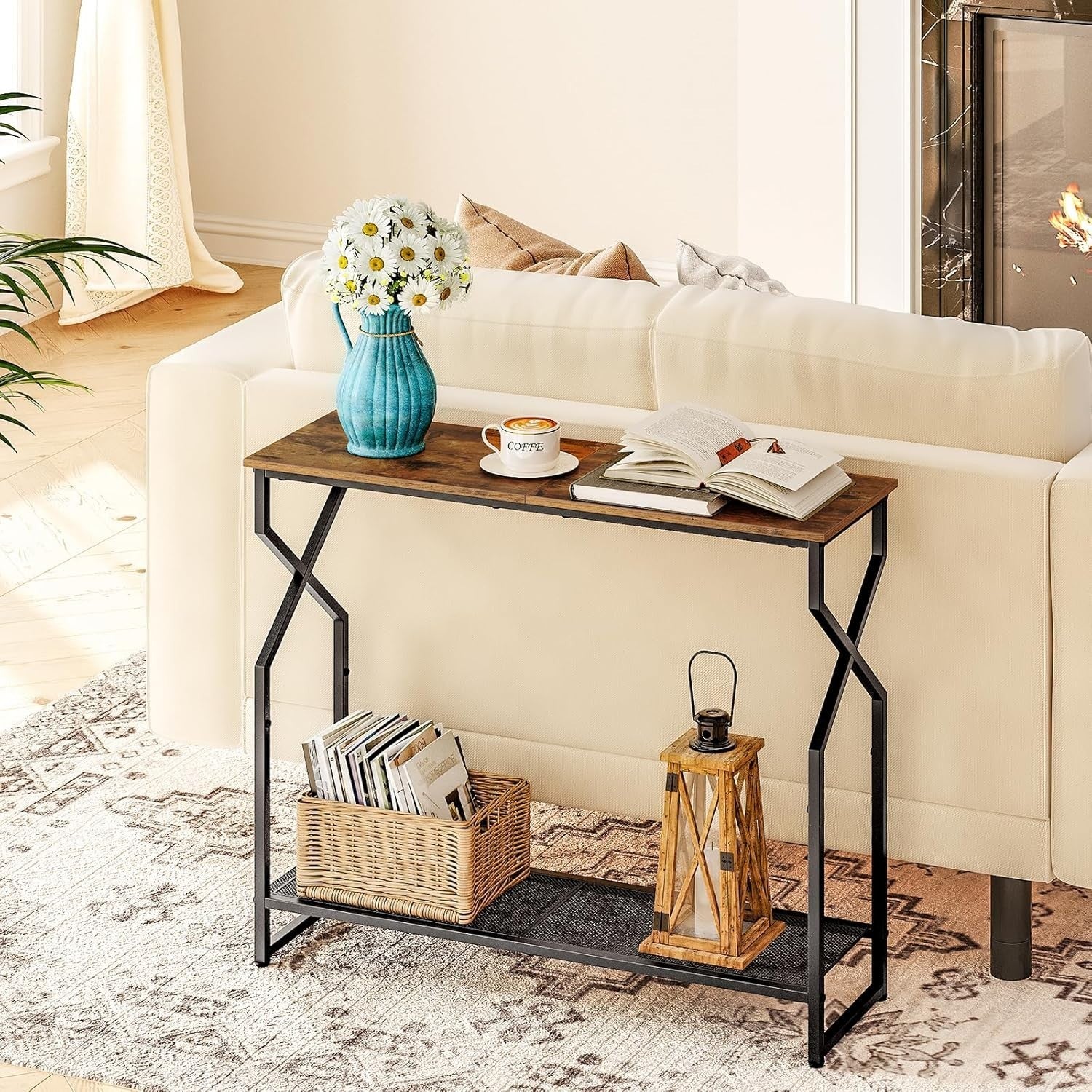 2-Tier Rustic Console Table for Hallway, Narrow Sofa Table with Storage Shelf