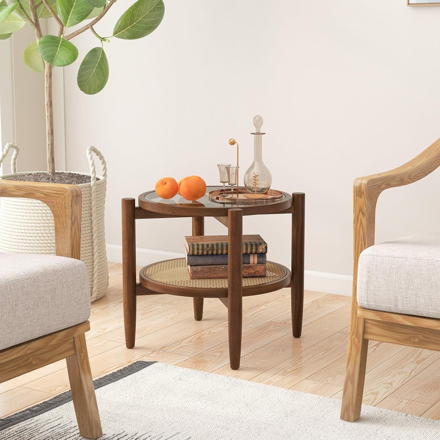 2-Tier Rattan Round Side Tables with Tempered Glass Top & Acacia Wood Legs (2PCS