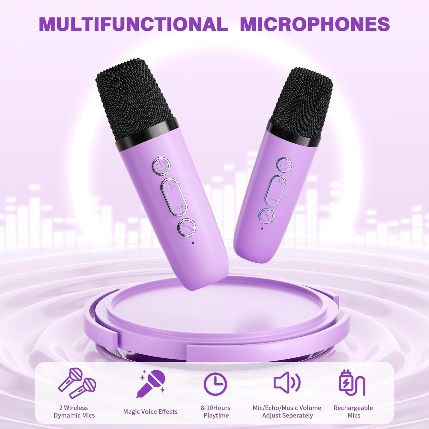 Kids Mini Karaoke Machine 2 Wireless Mics Bluetooth LED