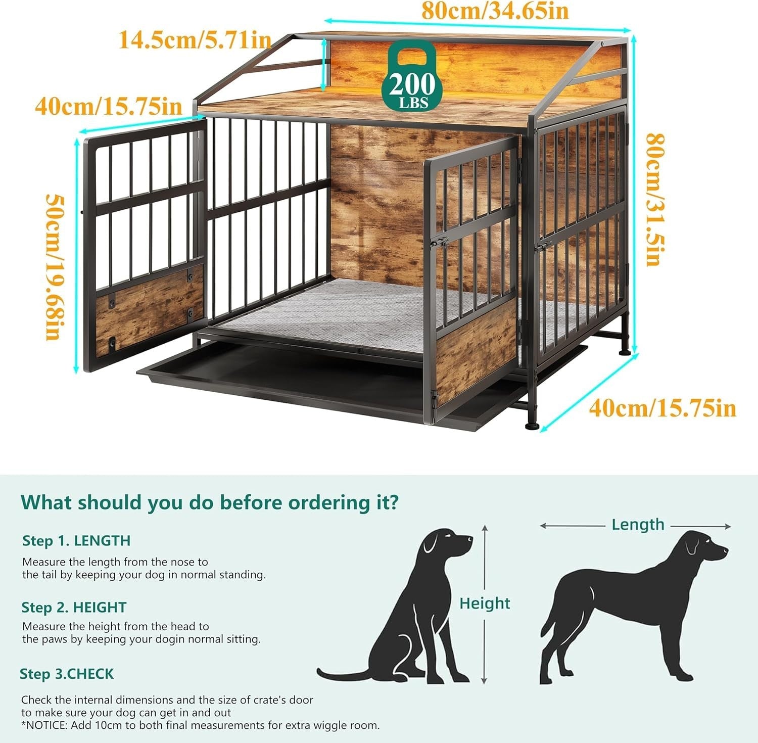 Heavy Duty Dog Crate Furniture with LED Light & Removable Tray, Medium