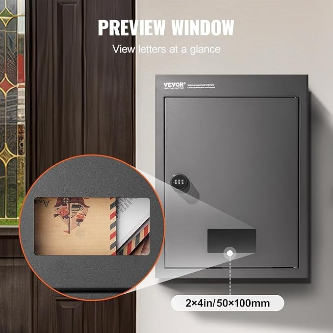 Secure Wall Mounted Mail Drop Box Rainproof Steel Lockbox 12.5x6.3x16.9" Black