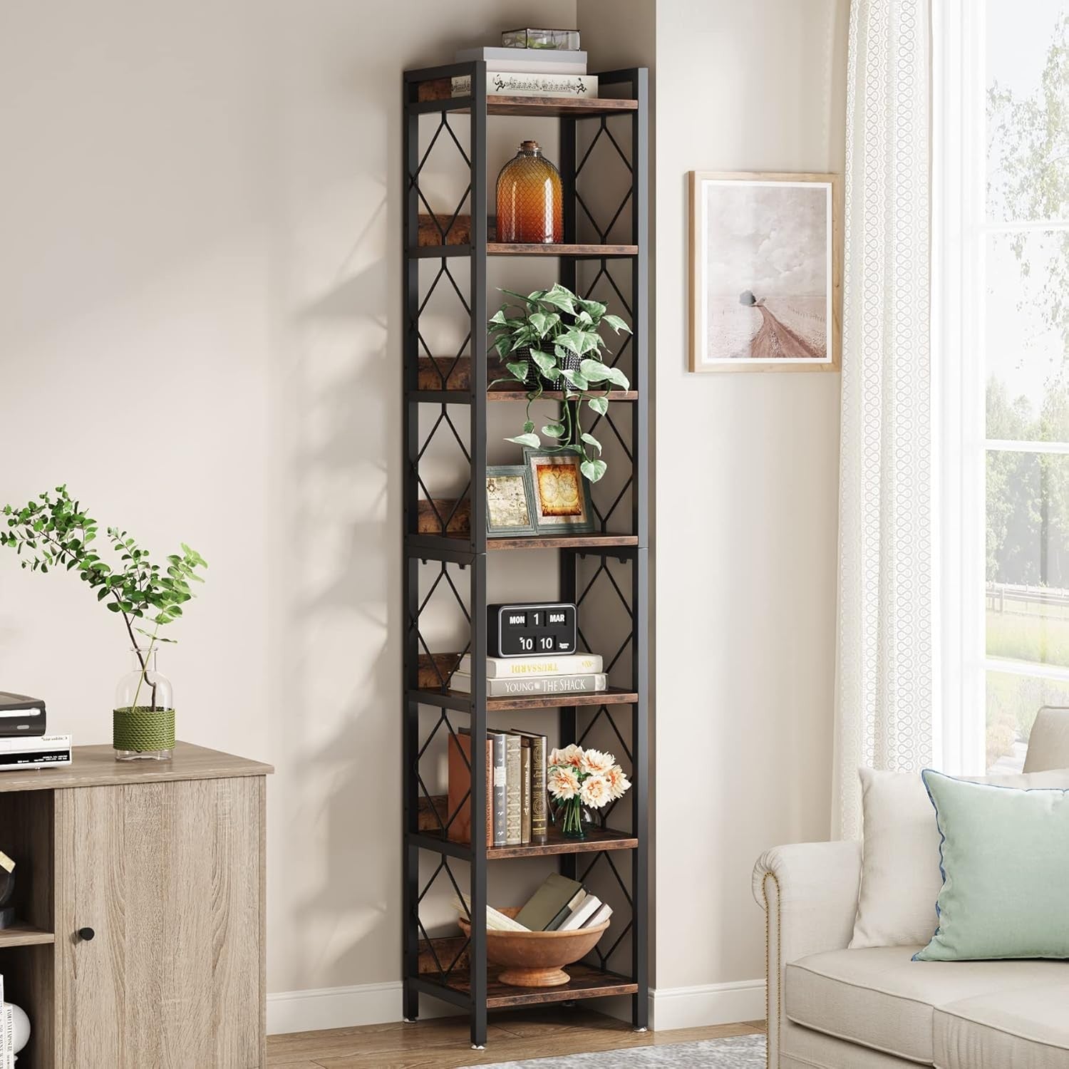 Extra Tall 7-Tier Narrow Bookshelf | 199cm Slim Rustic Display Shelf for Small S
