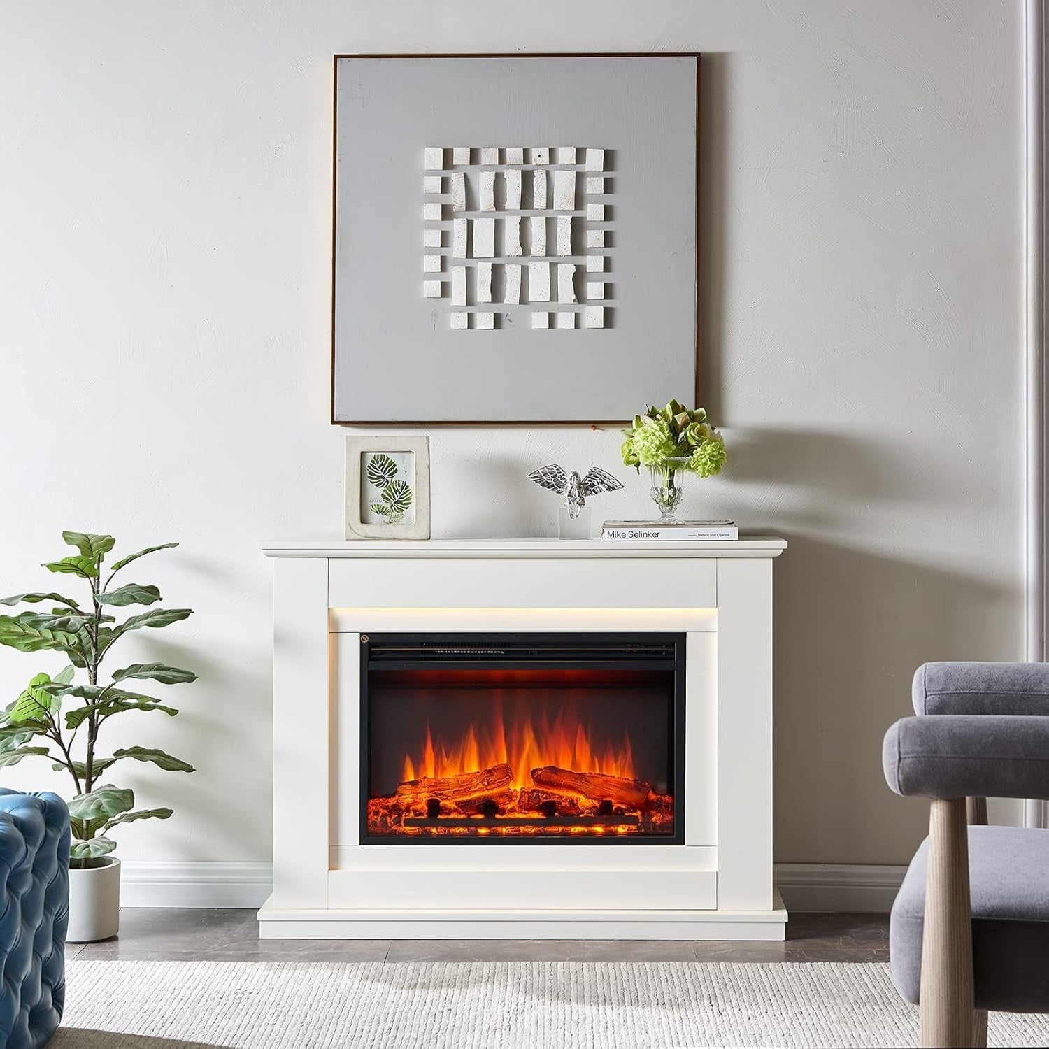White Electric Fireplace Suite 43" LED Log Heater TV Ready Freestanding
