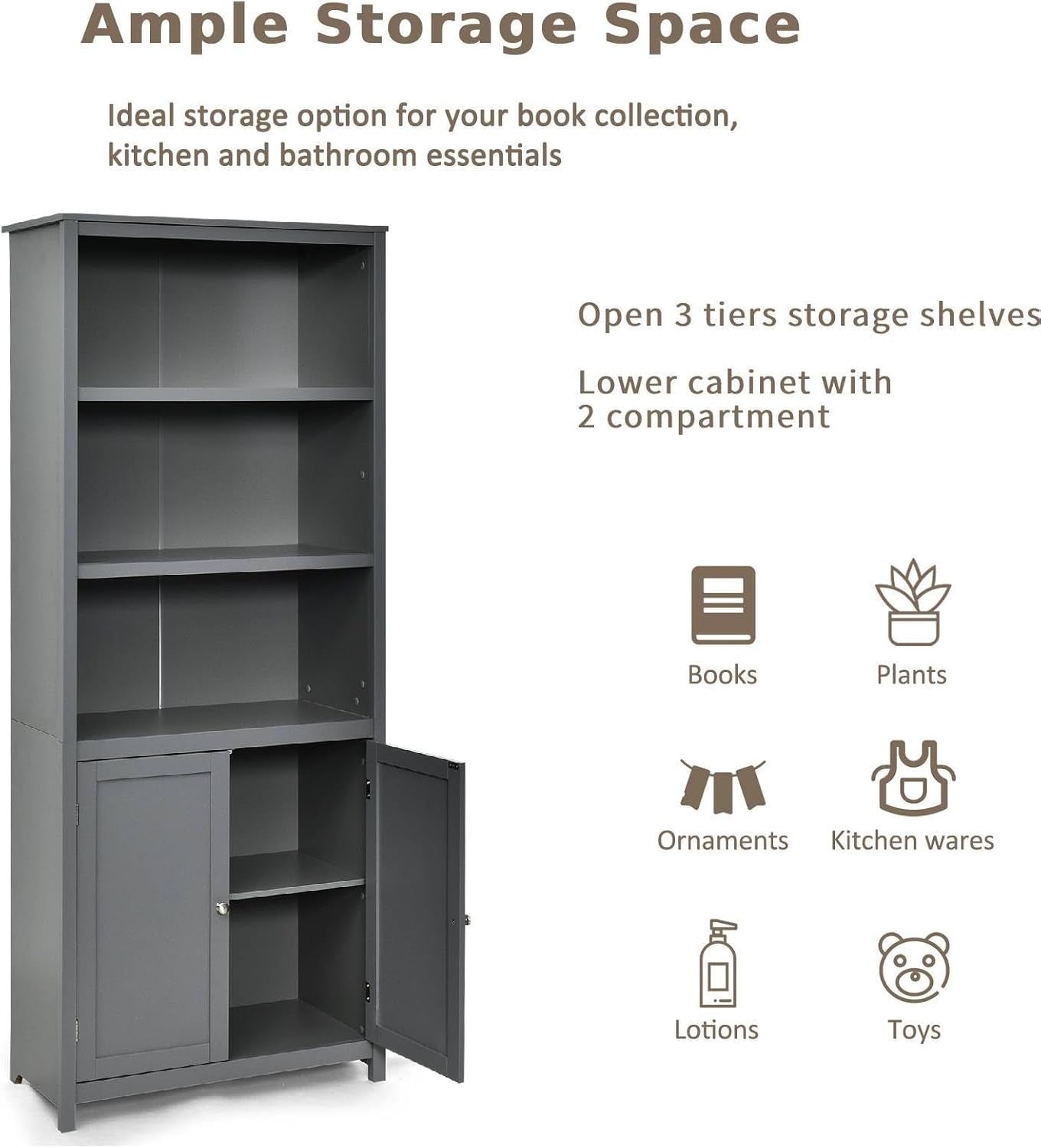 Grey 5-Tier Bookcase with Doors, Adjustable Shelves, Tall Freestanding Storage
