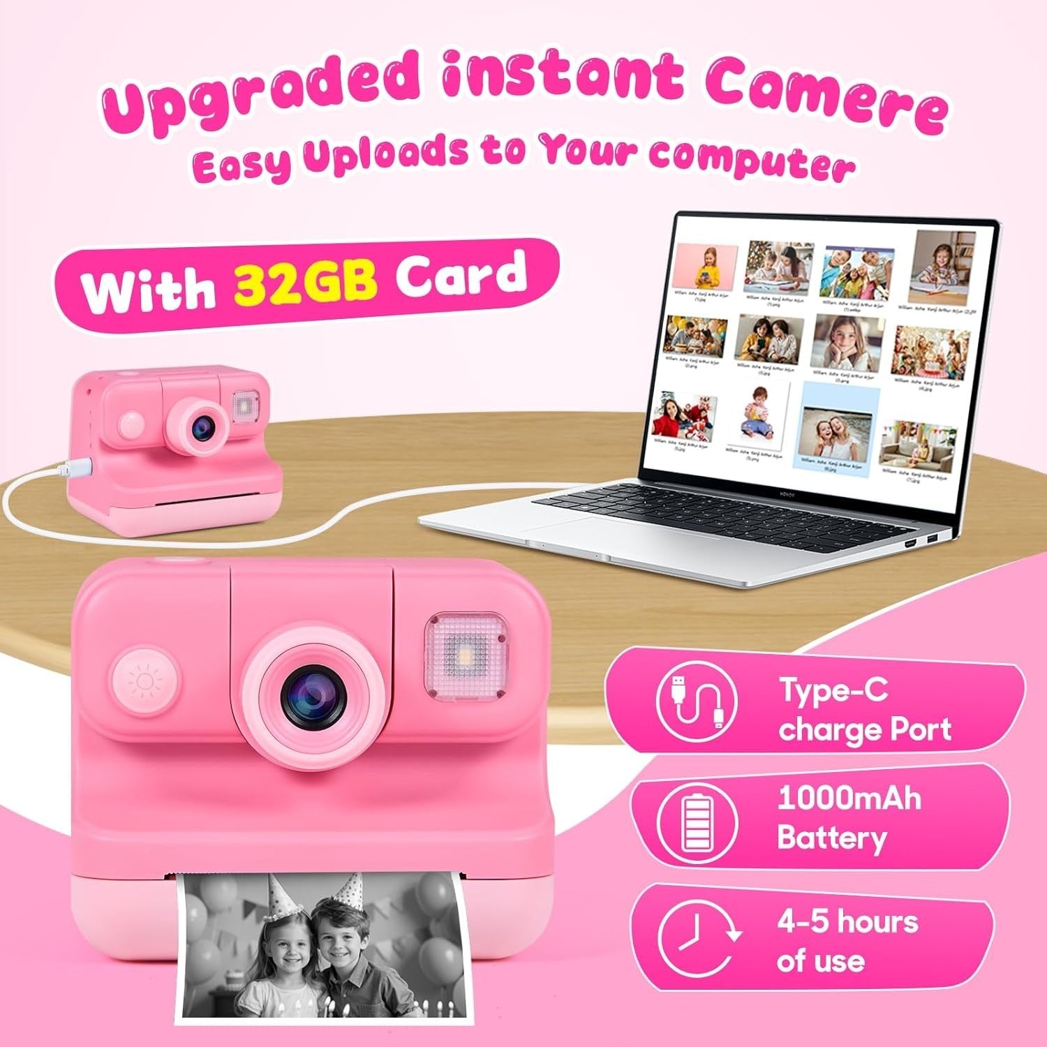 Kids Instant Print Camera 30MP 32GB Card 4 Paper Rolls Pink Bag