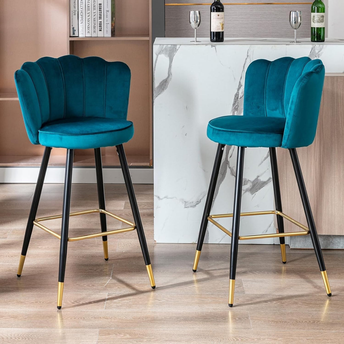 Teal Velvet Bar Stools Set of 2 – Kitchen Counter Chairs