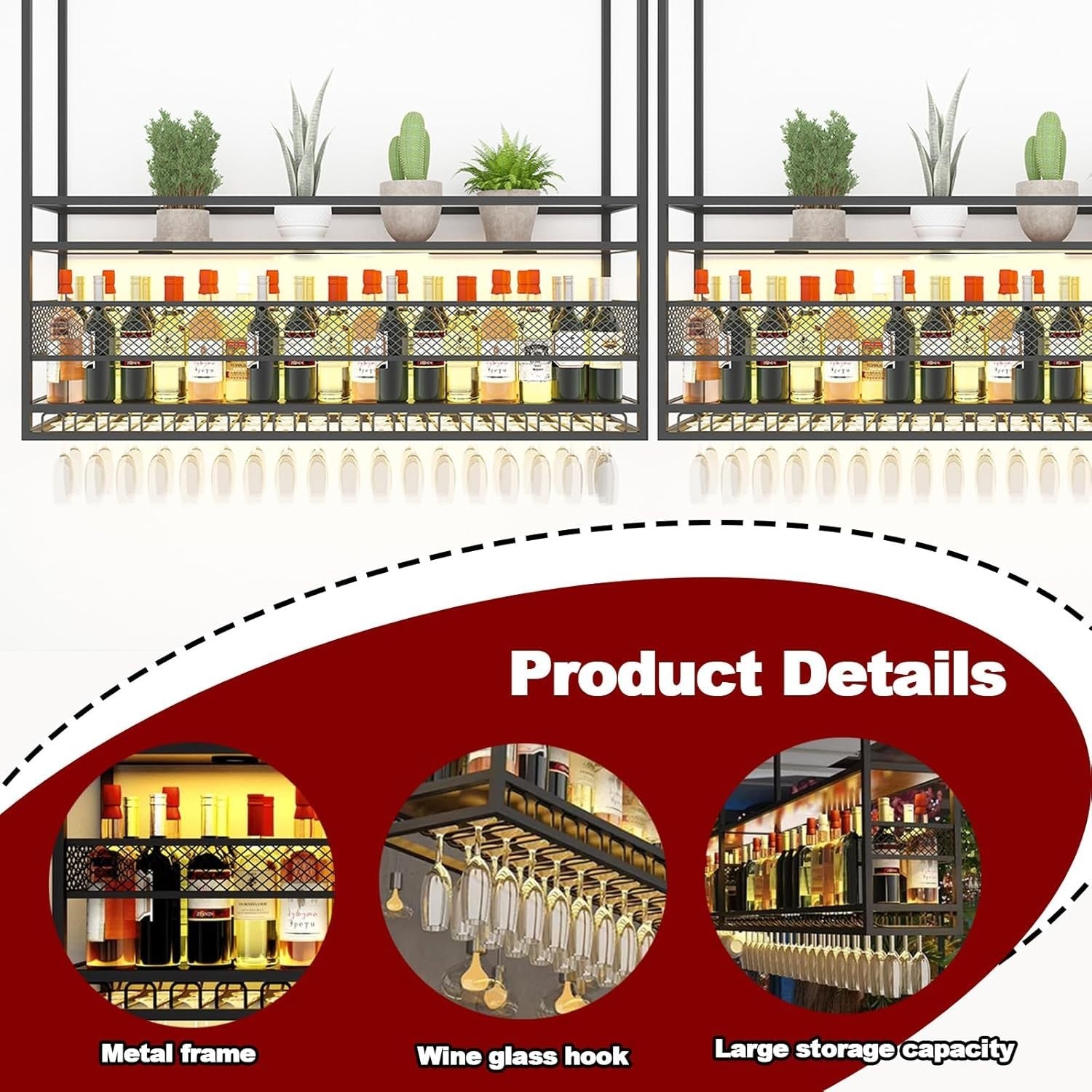 Ceiling Hanging Wine Rack 2-Tier Bar Bottle & Glass Holder Storage Shelf 120cm