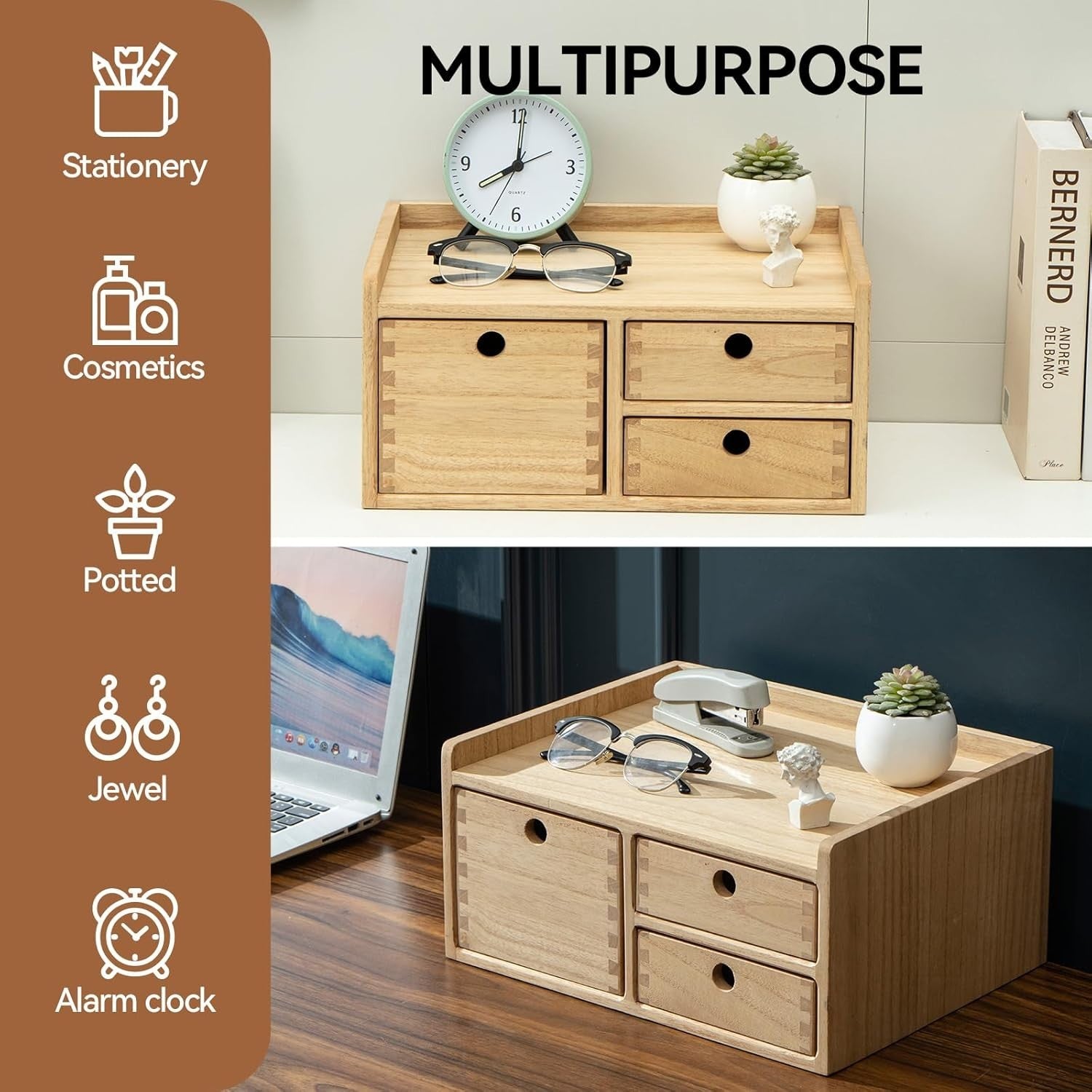 Wood Desk Organizer with Drawers & Shelf | Office Storage Box for Home