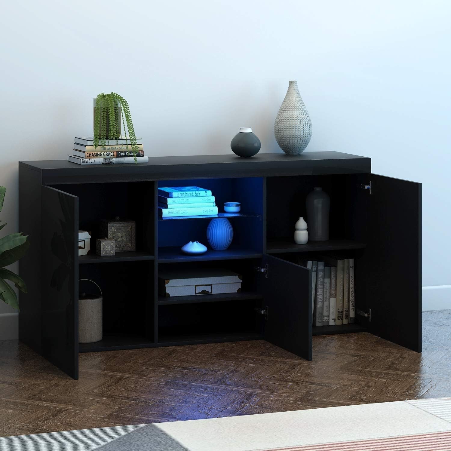 High Gloss Black Sideboard Cabinet with LED Lights 3 Doors Storage Unit