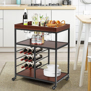 Kitchen Serving Trolley on Wheels Bar Cart Wine Rack Glass Holders 3 Tier